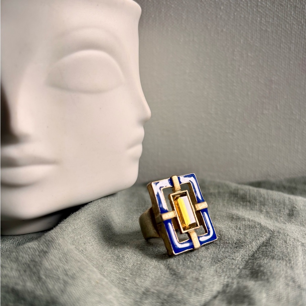 Geometric Blue Enamel & Gold Statement Ring